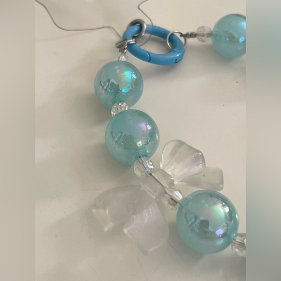 Large Blue Beaded with Clear Bow Charm Phone Accessory Wristlet with Phone Tab - Picture 9 of 15